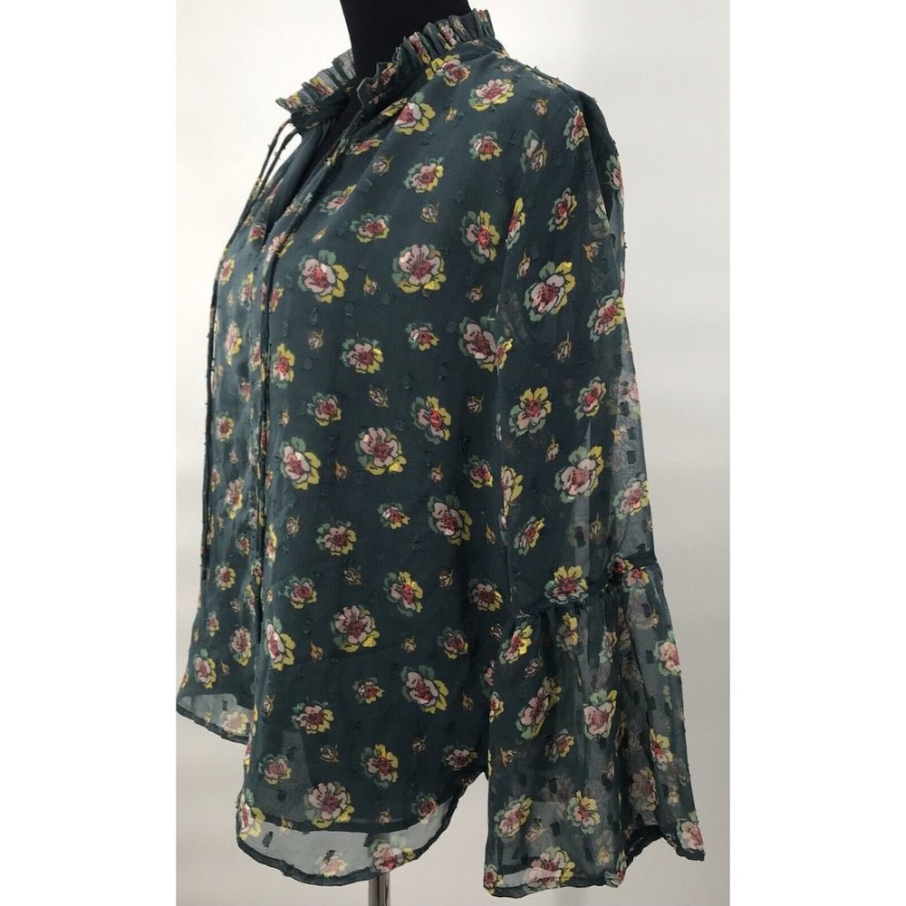 LOFT Womens Floral Sheer‎ Blouse Top Ruffle Tie Bow Green Size Medium Petites